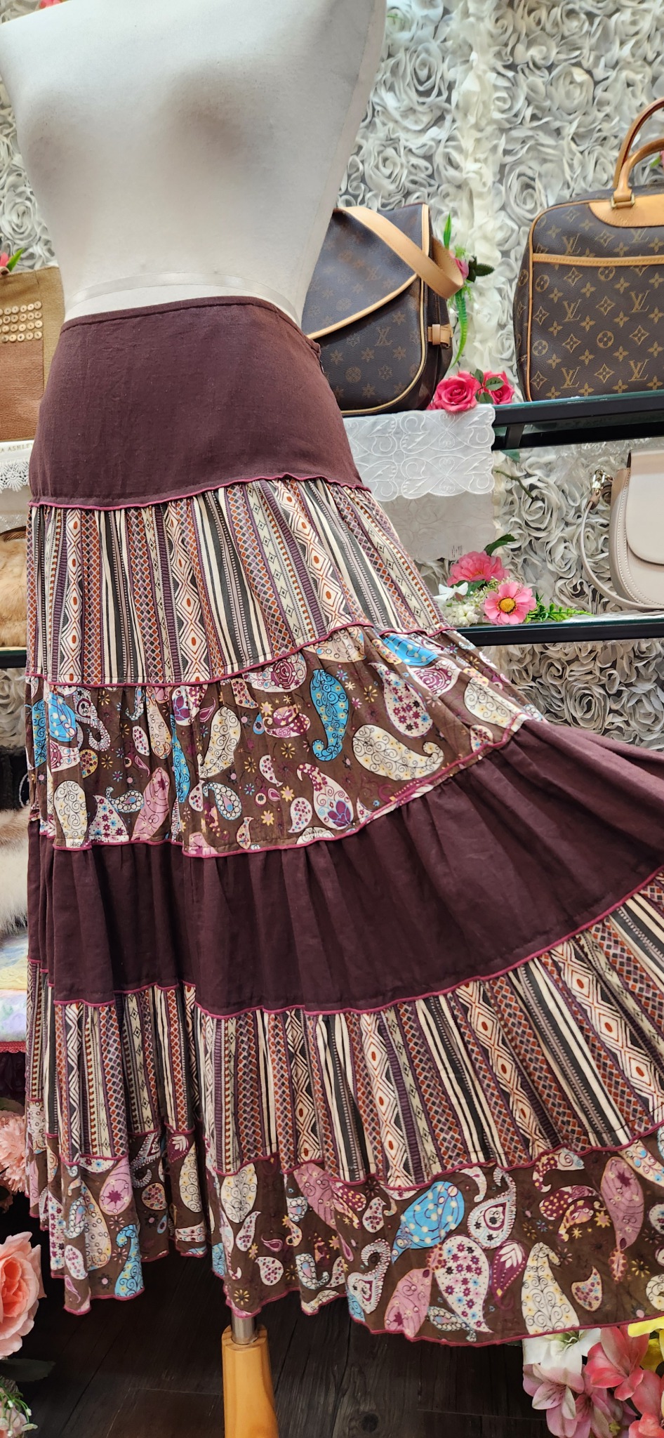 PREETY ROSA PARIS 면 마 혼방 티어드 롱스커트 (77)