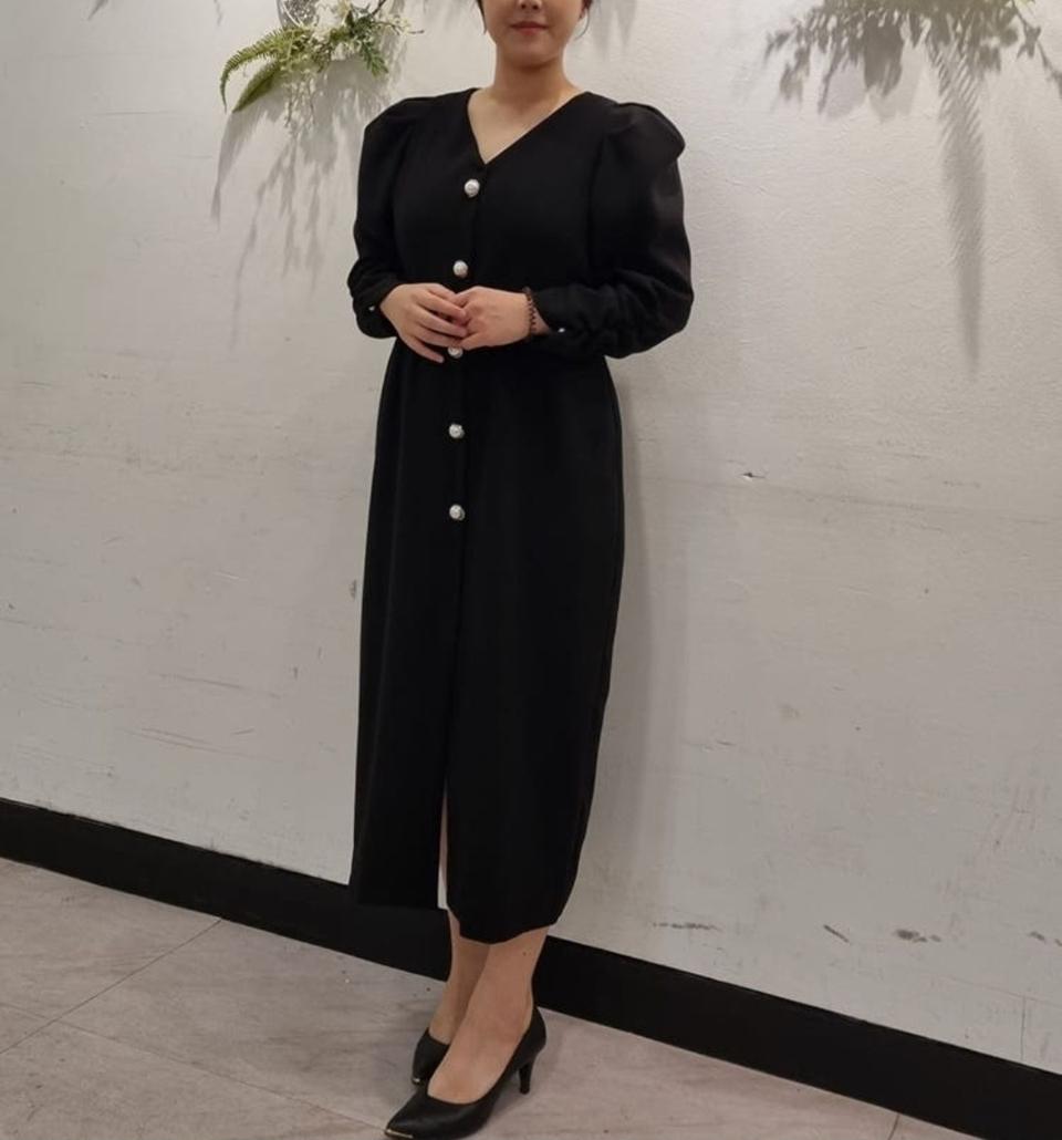 블랙 진주버튼 퍼프 롱원피스 예쁜 빅사이즈