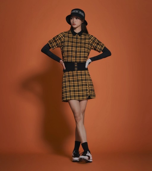 풋조이 골프웨어 옐로우 체크 셔츠 자켓/스커트 세트