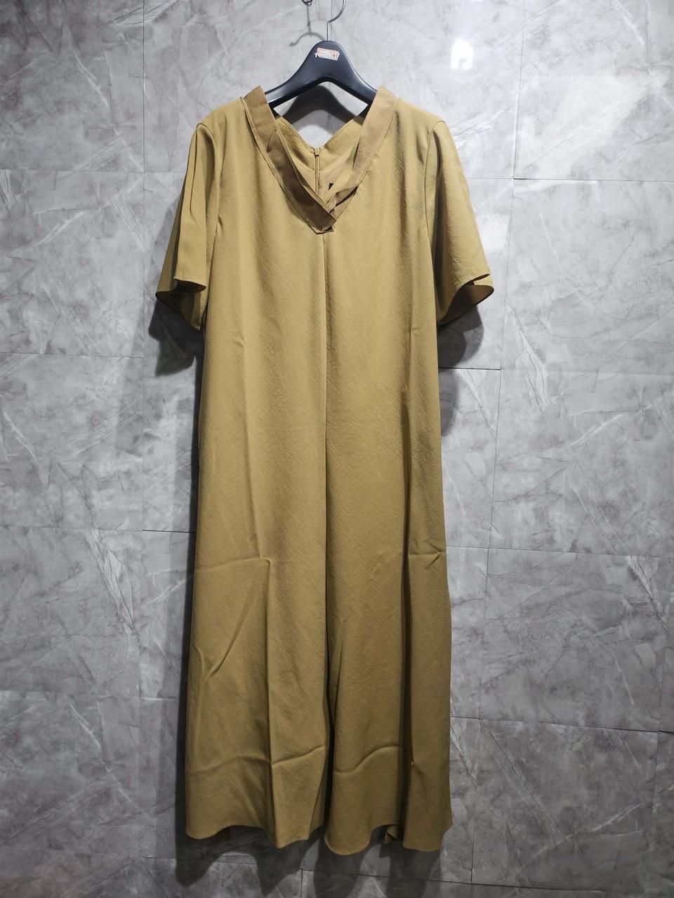 랑방 브이넥 반팔 롱 원피스 카키 베이지