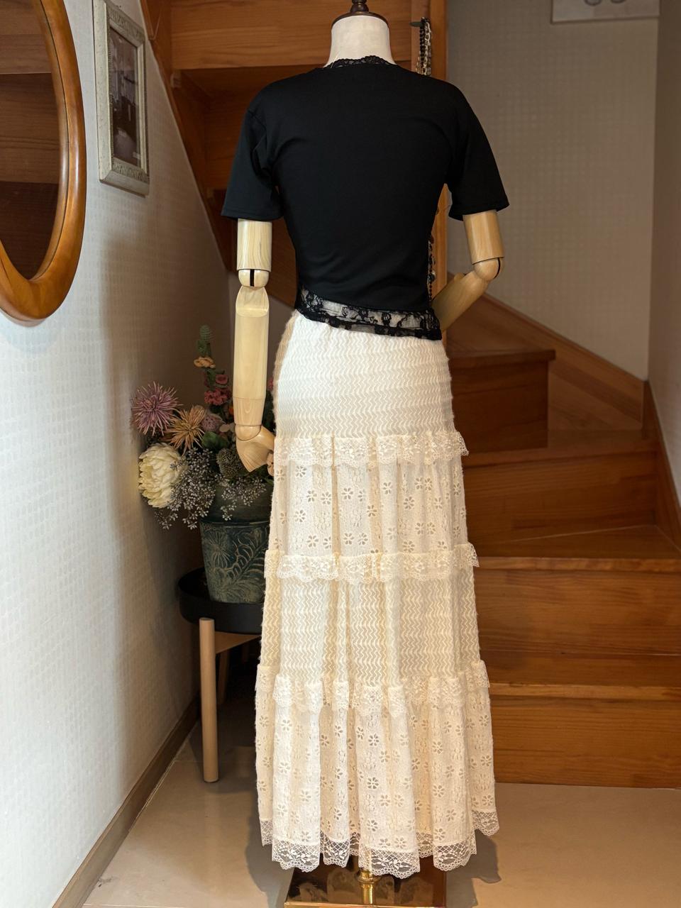레이스 캉캉 롱 스커트 아이보리.
