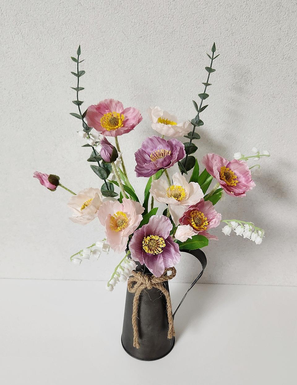 새상품 )은방울꽃 양귀비 조화 빈티지 철제 화병 인테리어소품