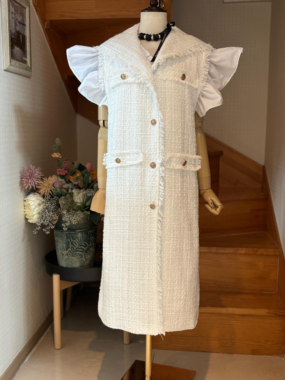 화이트 트위드 롱 조끼 원피스