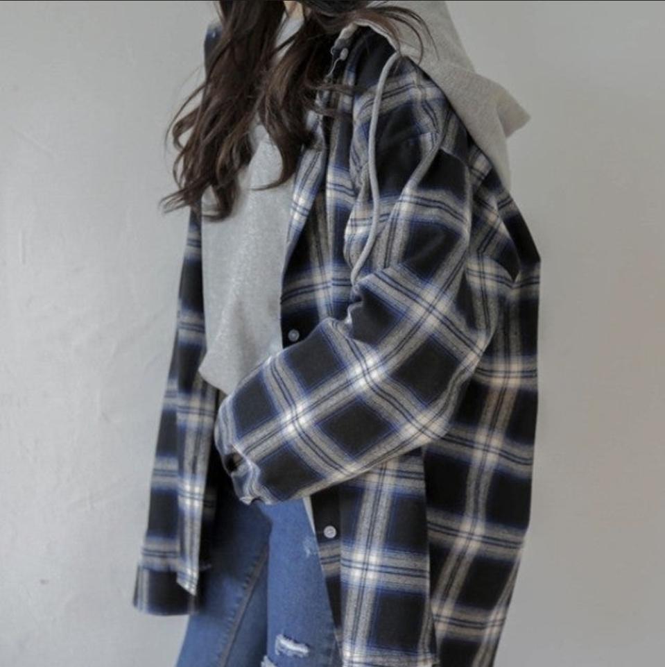 체크 후드 셔츠 남방 네이비 / 에이블리 러브앤드팝 바온 애니원모어