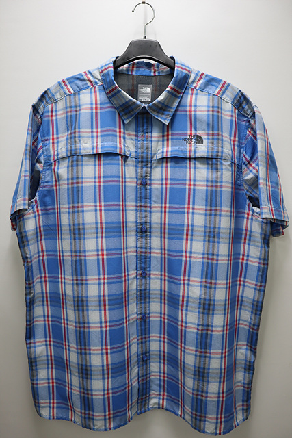 노스페이스 블루 체크 반팔 셔츠