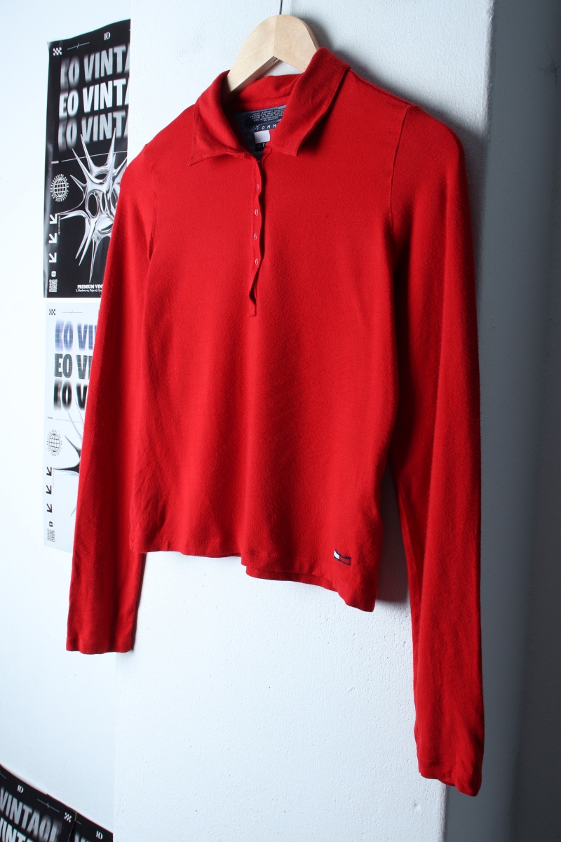 W(L) 타미힐피거 카라 긴팔티셔츠 작은오염 레드 무지 크롭-18228