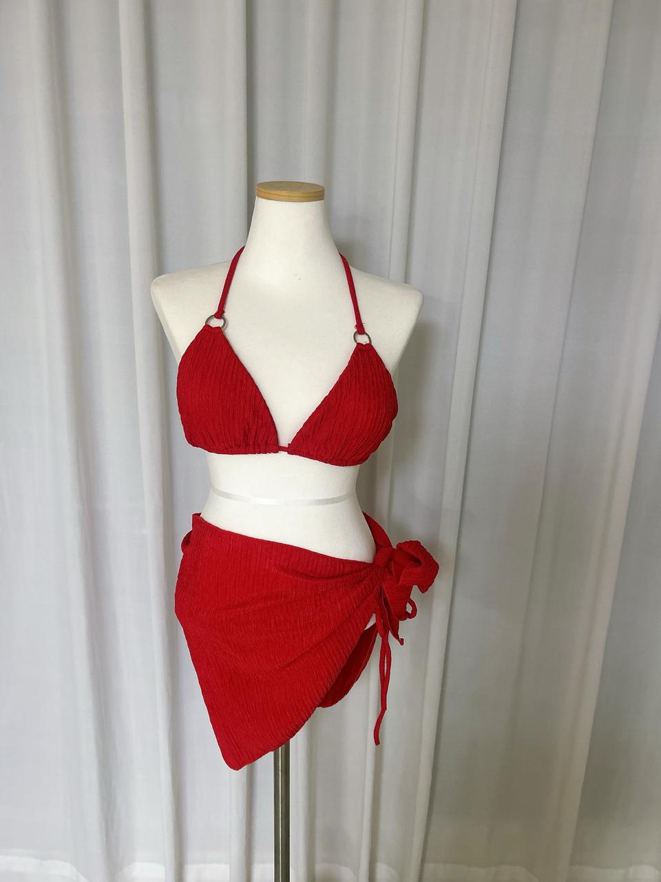 (새상품) 3pcs 레드 비키니 스커트 원피스 수영복