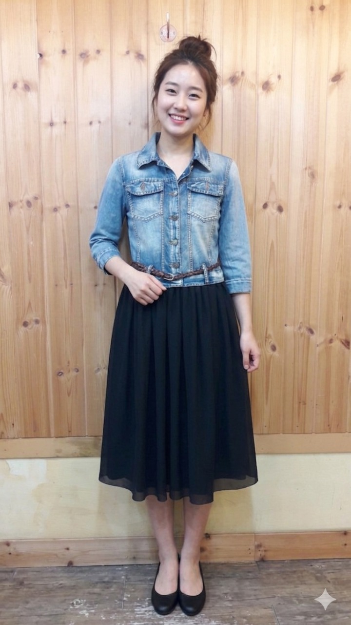 *  믹스 매치 플레어 데님 원피스  (새상품)