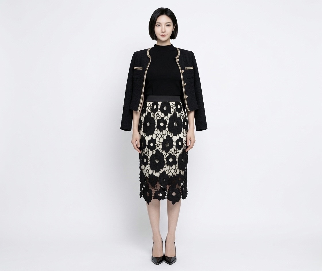 Vogue 검정 꽃자수 미디 스커트