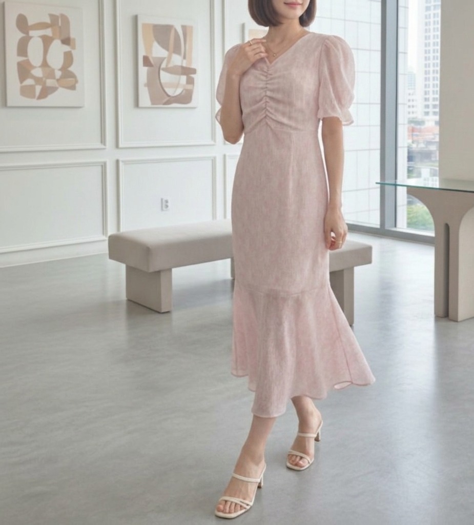 쉬폰 나염 셔링 반팔 롱원피스ㅡ무배