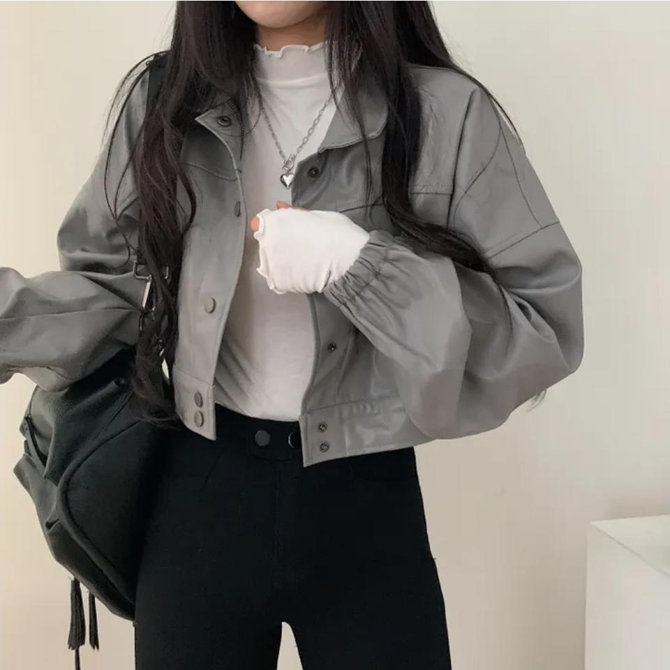 201 크롭 가죽자켓 다크그레이
