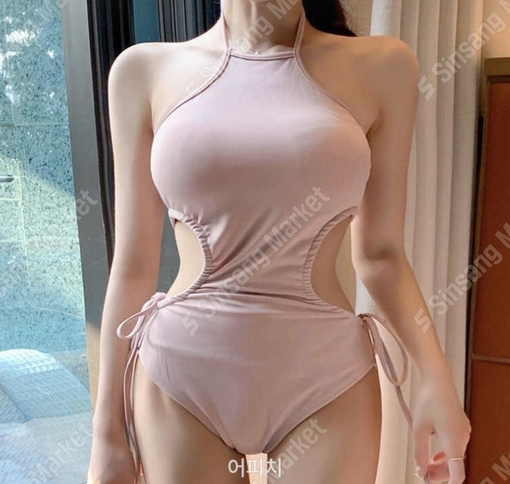 (2color) 트임 홀터넥 모노키니 수영복 핑크 소라 그레이