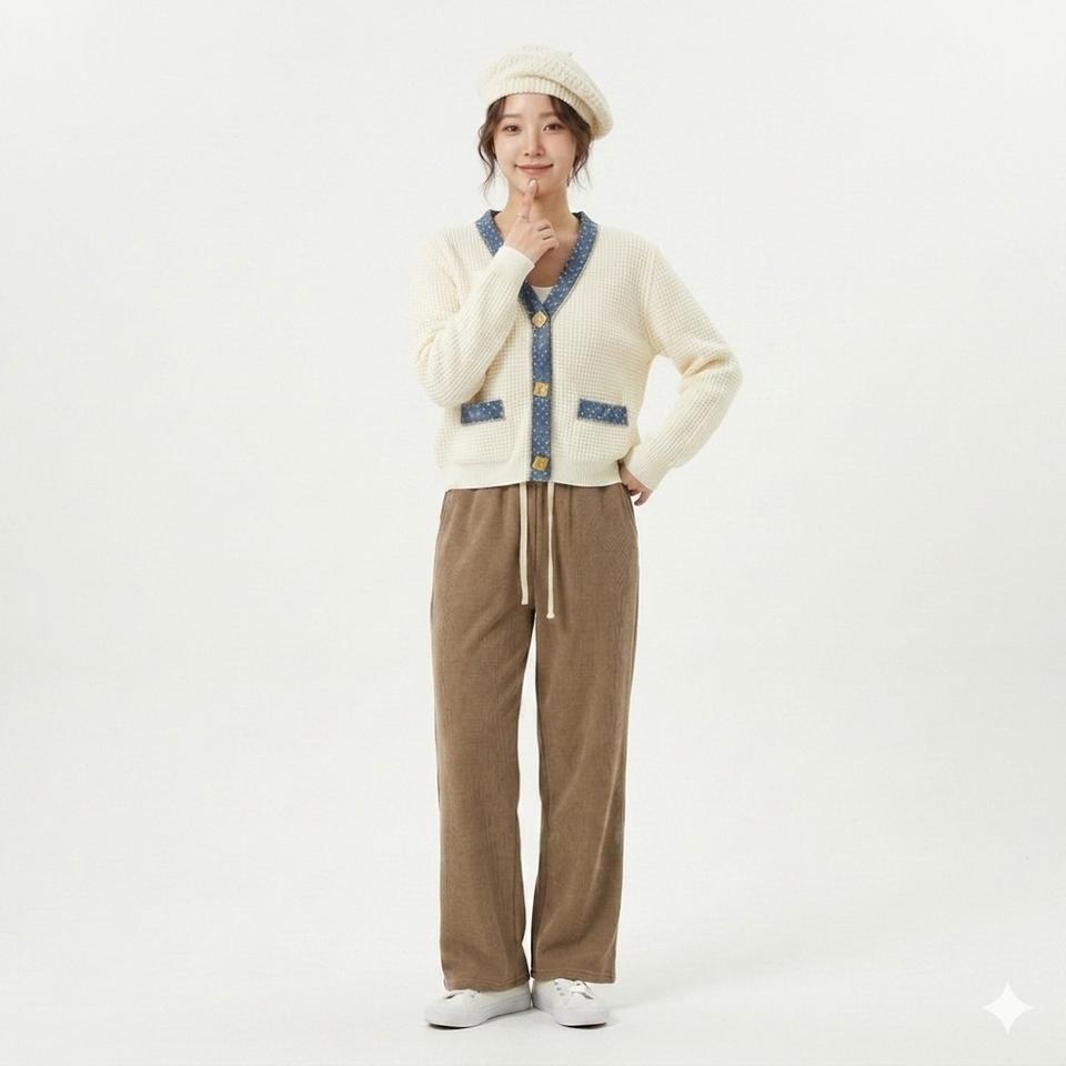 와플니트 베이지 골지 팬츠 세트