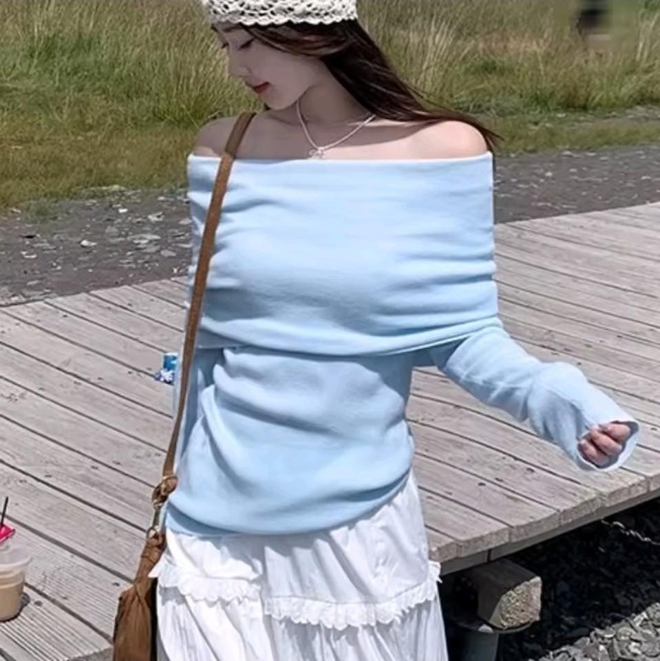 190 오프숄더 긴팔 니트 하늘색