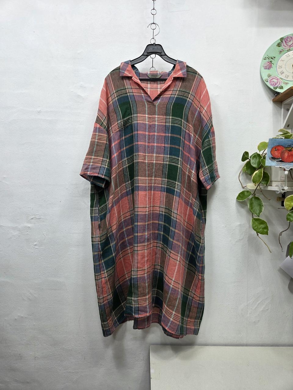 DEBORAH린넨(100%) 체크롱원피스66-88프리