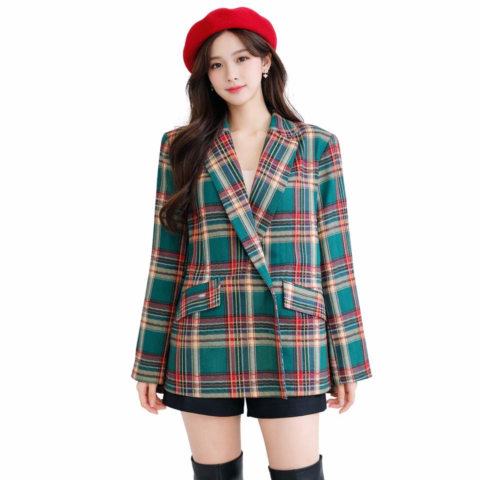 그린 체크 박시 자켓