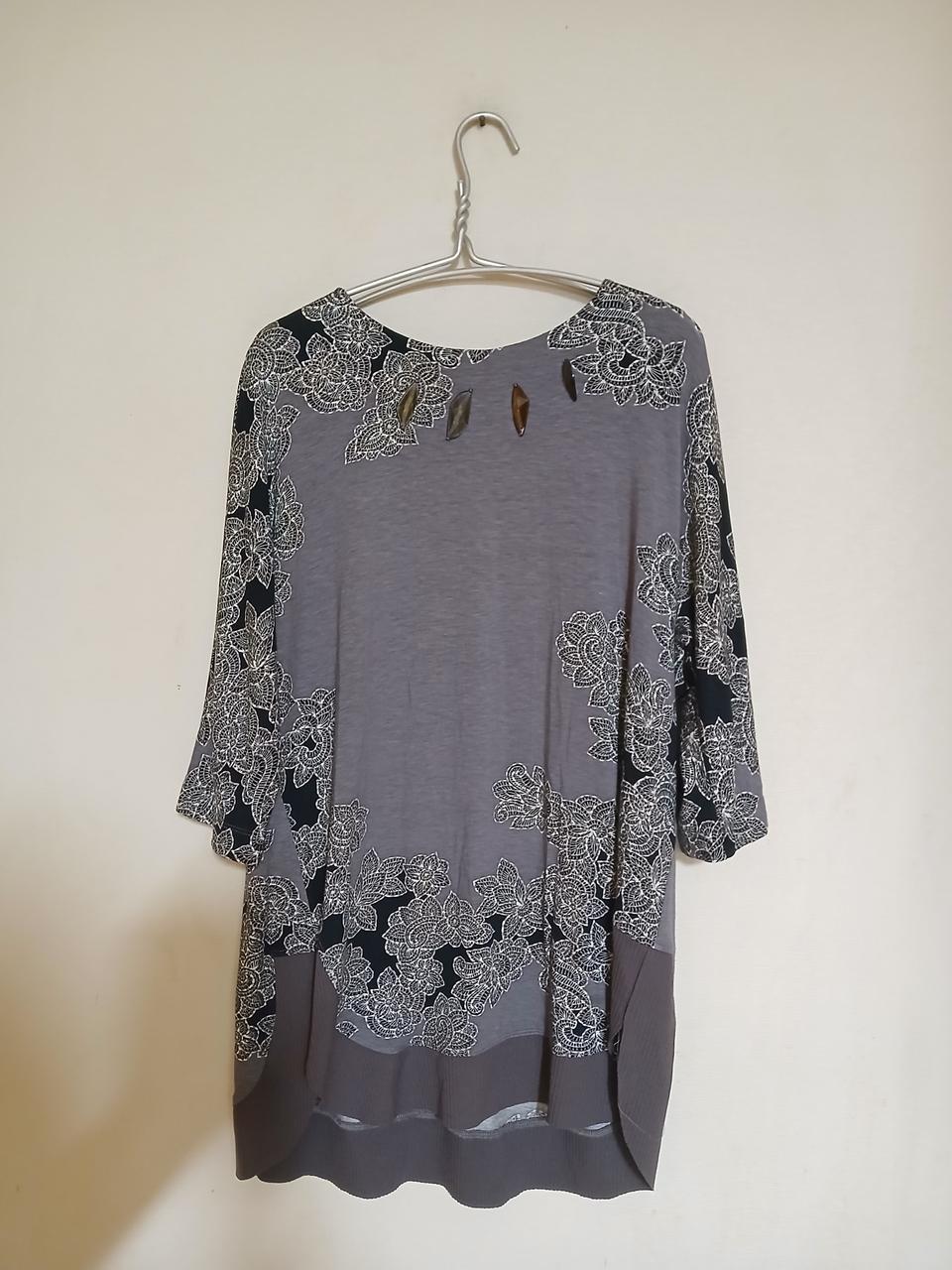 최연옥 플라워 프린팅 비즈 루즈핏 롱 티셔츠 고급 튜닉 블라우스 백화점