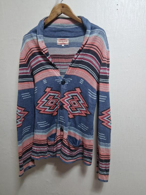 일본구제 빔즈 에스닉 린넨니트가디건 남성S 90