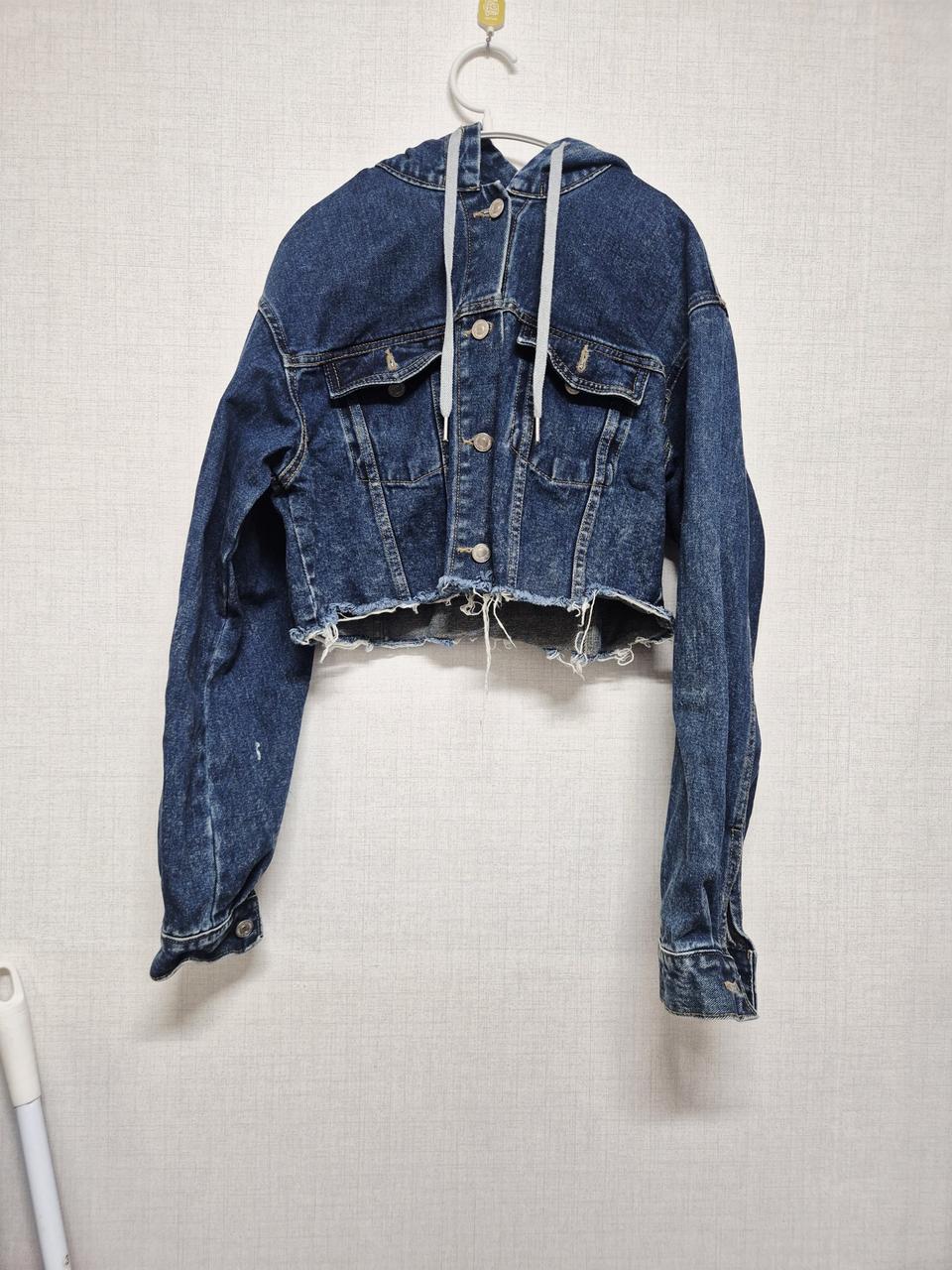 후드 데님 크롭 청자켓