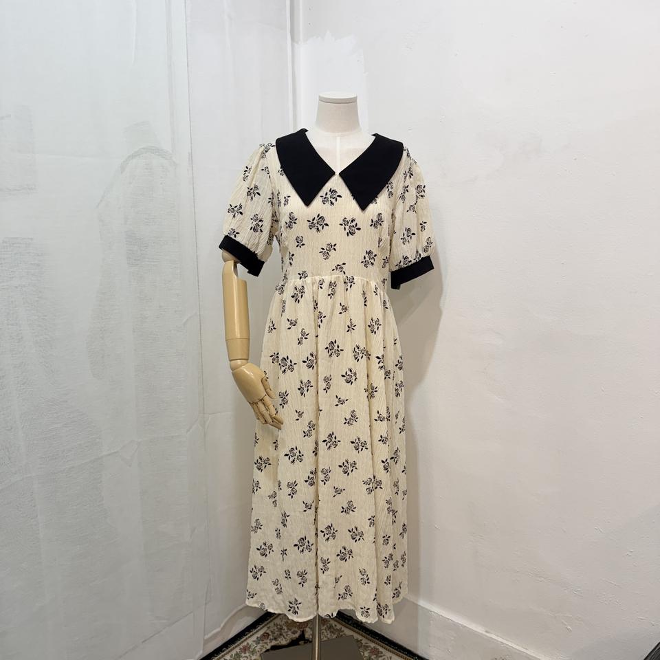 아이보리 블랙카라 플라워 롱원피스 롱드레스 4455