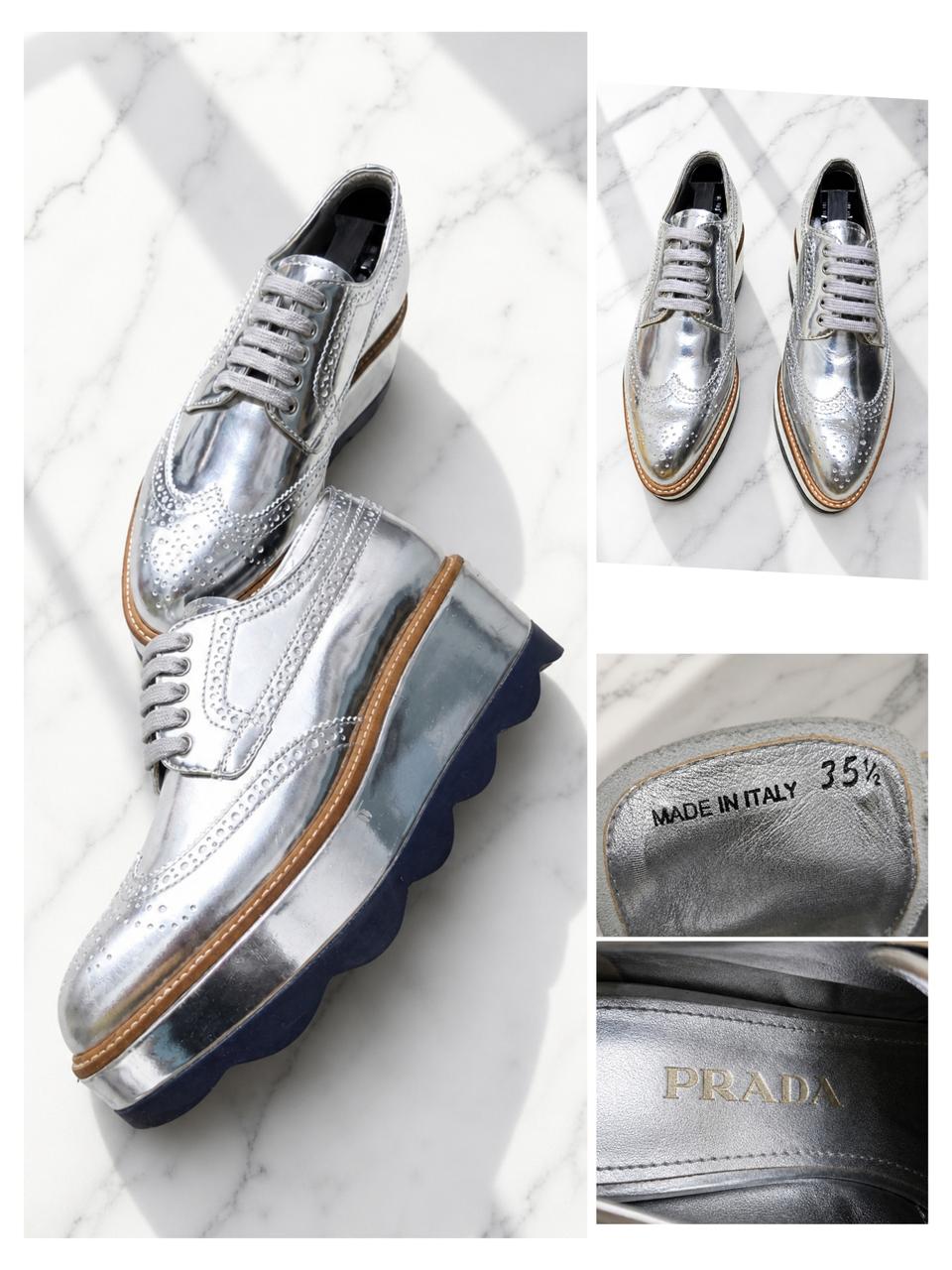 (정품) PRADA 메탈릭 실버 플랫폼 옥스포드 35.5 (굽 6cm)