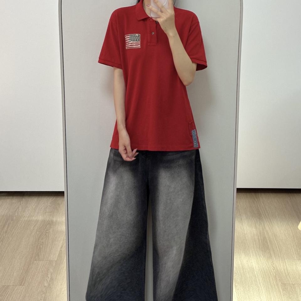 폴로 랄프로렌 USA 성조기 자수로고 레드 카라 반팔 티셔츠