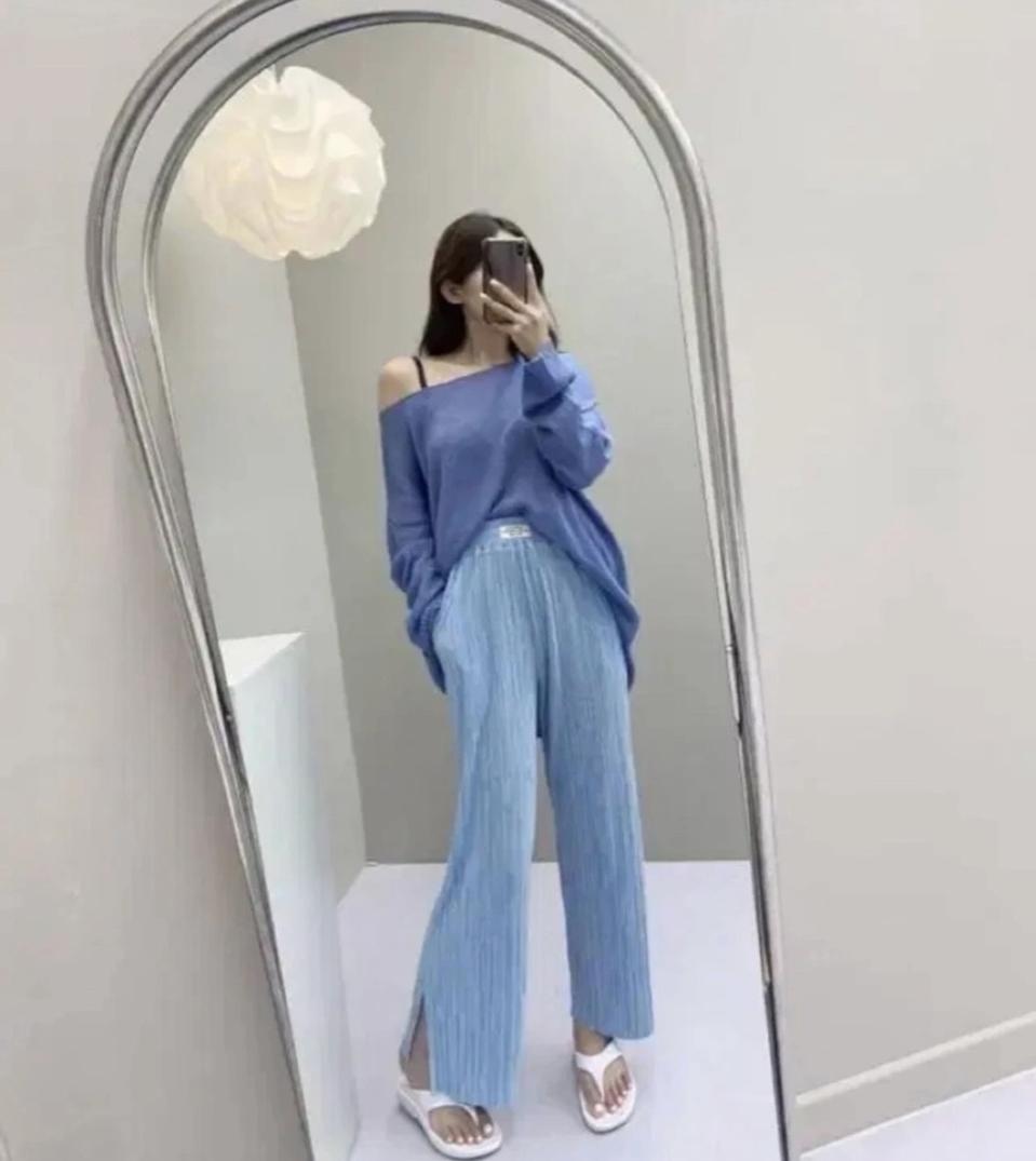 플리츠 와이드 팬츠 주름 밴딩 바지 소라색 하늘색