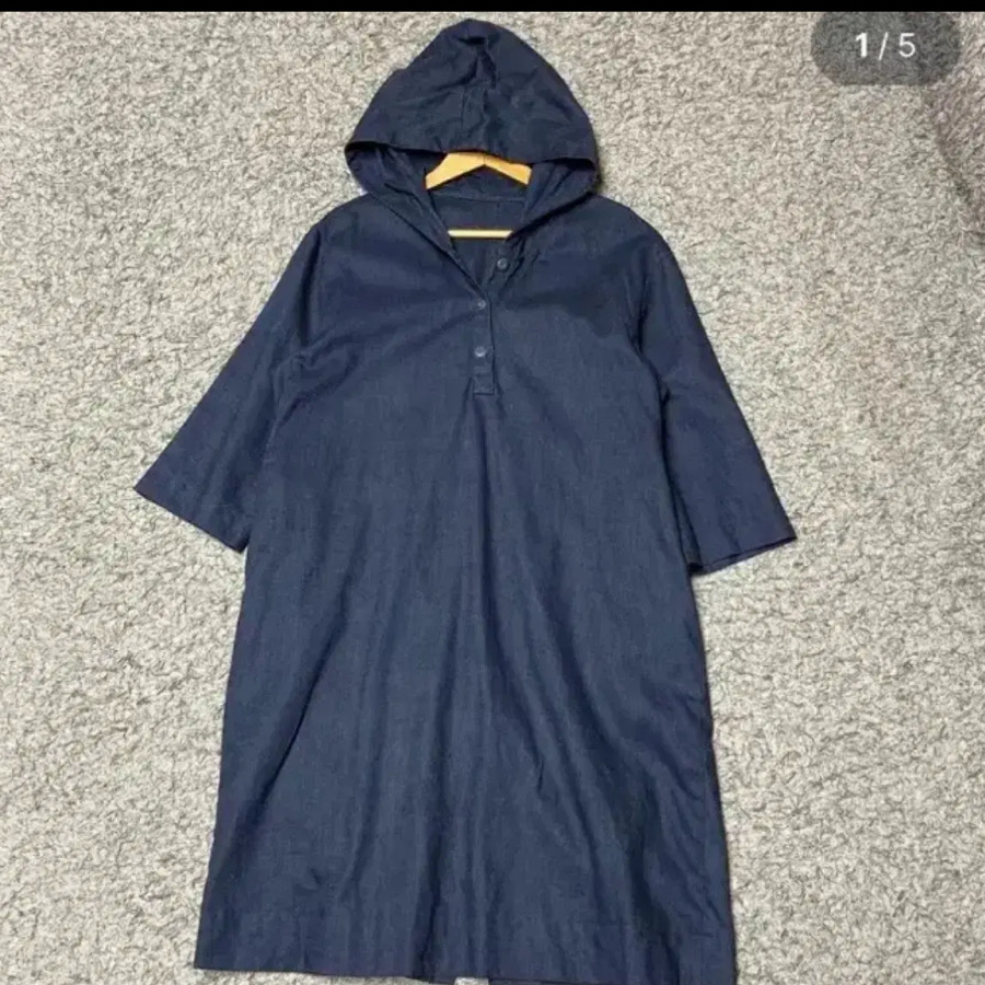 네이비 후드 린넨 롱 원피스