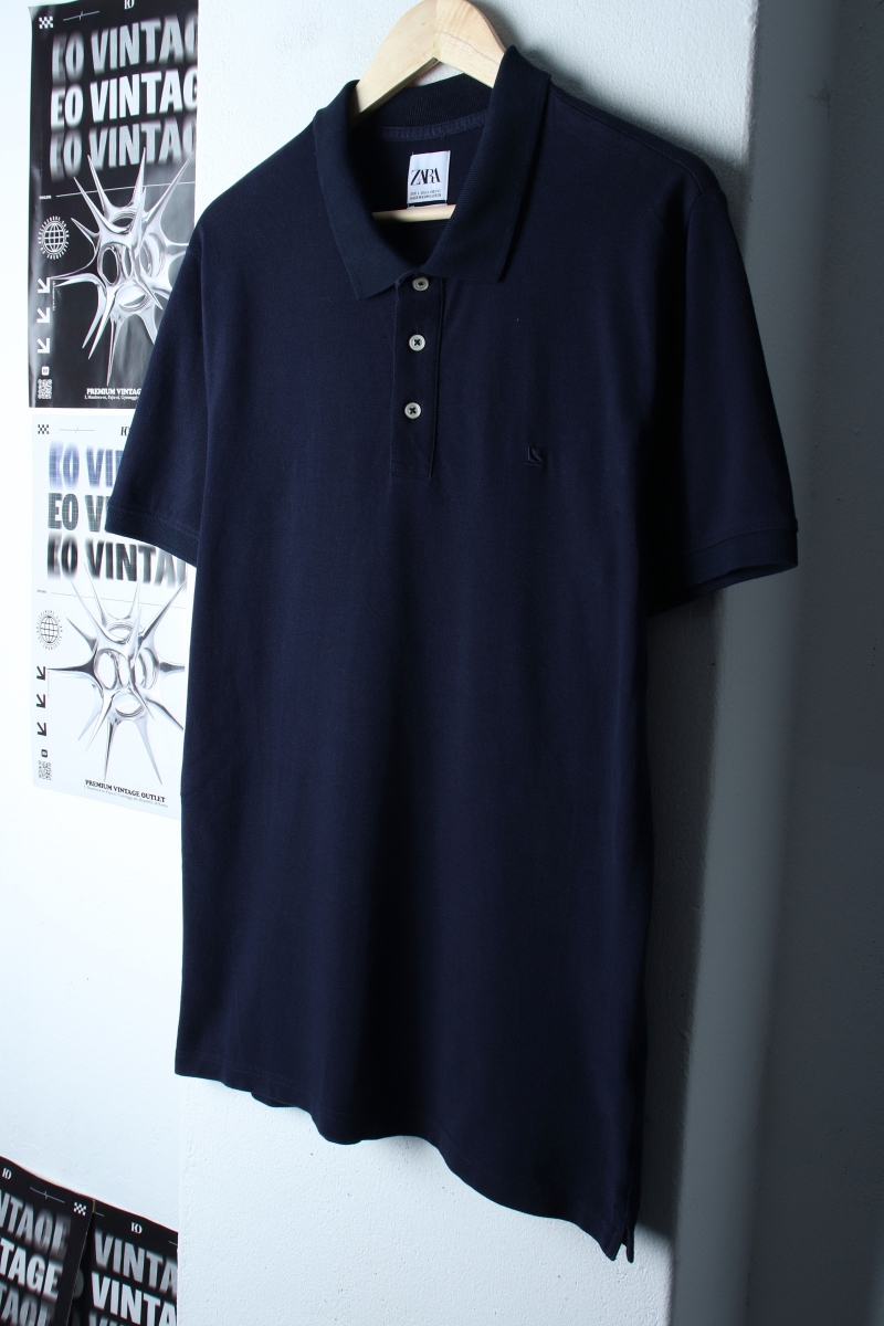 (L-XL) 자라 반팔 카라 티셔츠 스몰로고 네이비 놈코어-7B95