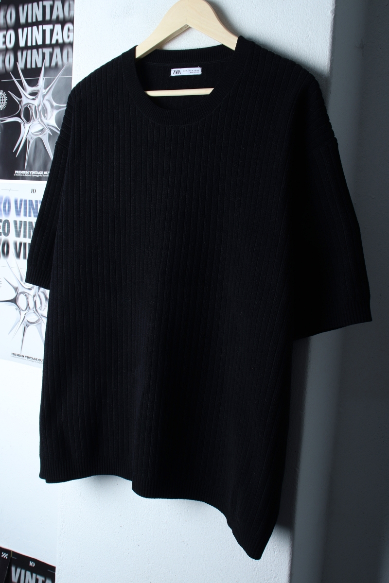(XL-2XL) 자라 반팔 티셔츠 빅사이즈 니트 골지 블랙-7BB4