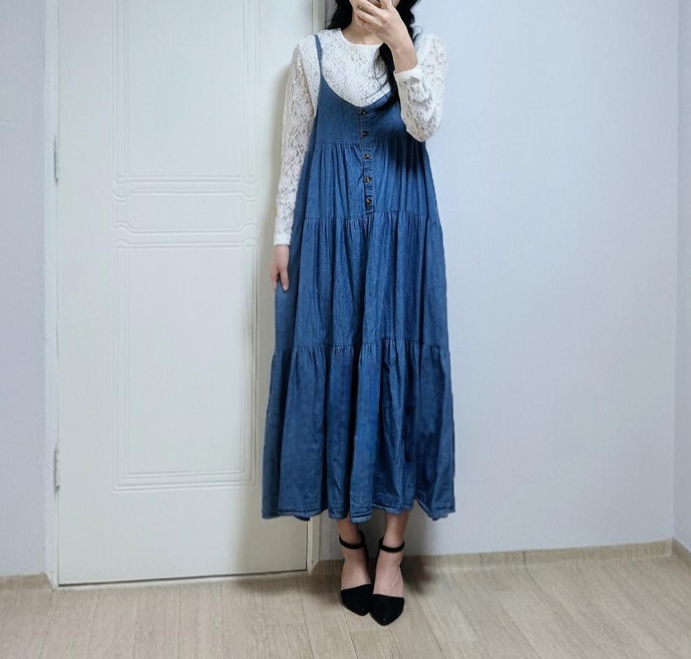데님 버튼 뷔스티에 캉캉 롱 원피스