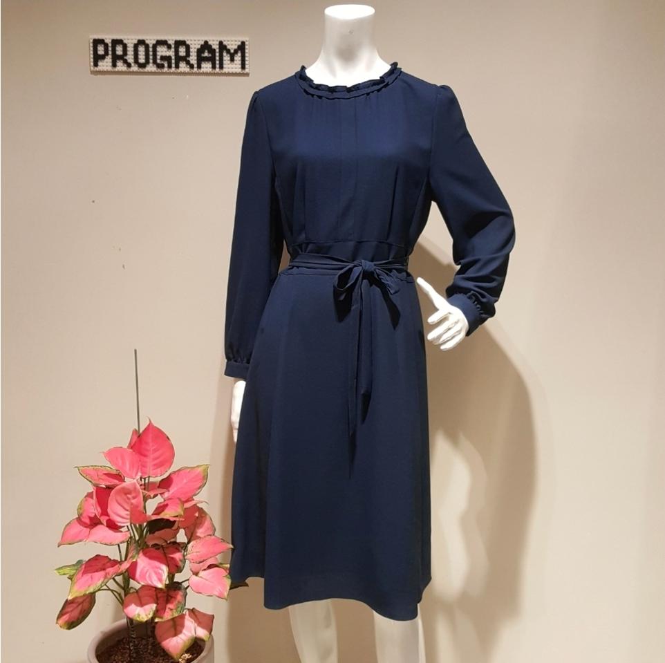 프로그램 프릴 넥 벨트 A라인 쉬폰 원피스 플레어 네이비 97 77