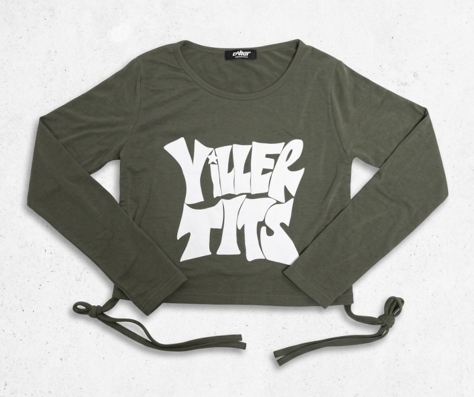 YILLER TIME 스트링 크롭 긴팔 티셔츠 카키 M