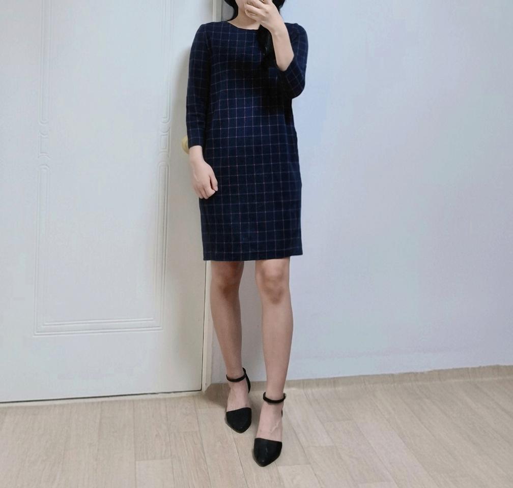 유니클로 체크 뒷지퍼 7부소매 원피스