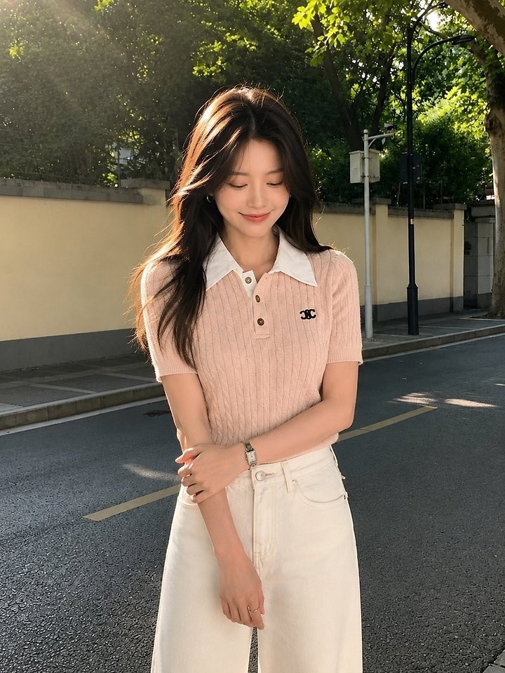 셀린느 배색카라 꽈배기 반팔니트