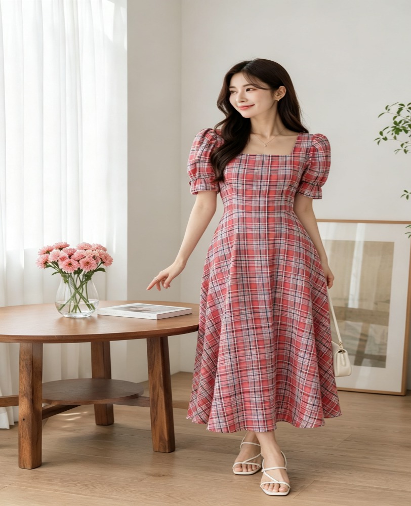 마지막1장세일ㅡ스퀘어넥 플레어 A라인 여름 반팔 체크 롱원피스