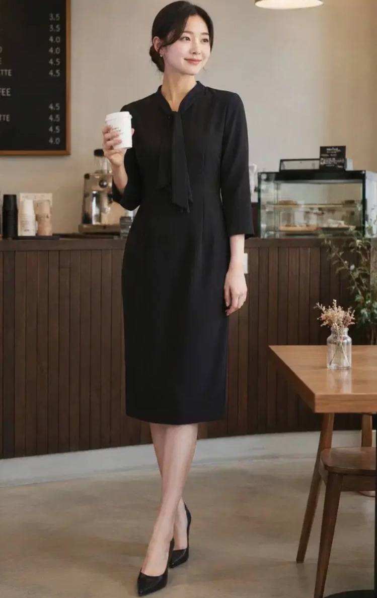 L323 블랙 리본넥 H라인 원피스