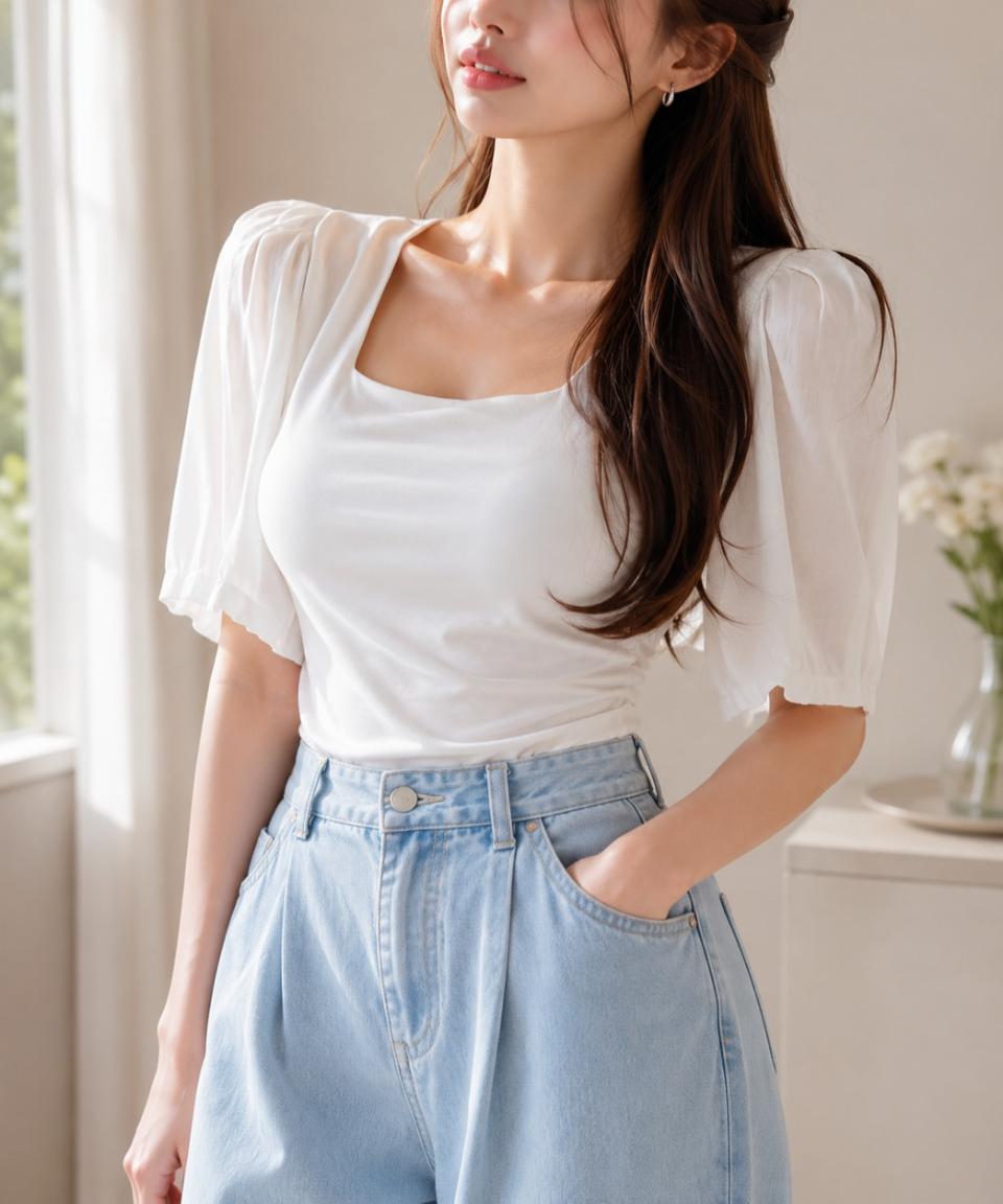 블라우스 핏 나는 스퀘어넥 셔링 퍼프 반팔 티셔츠ㅡ무배