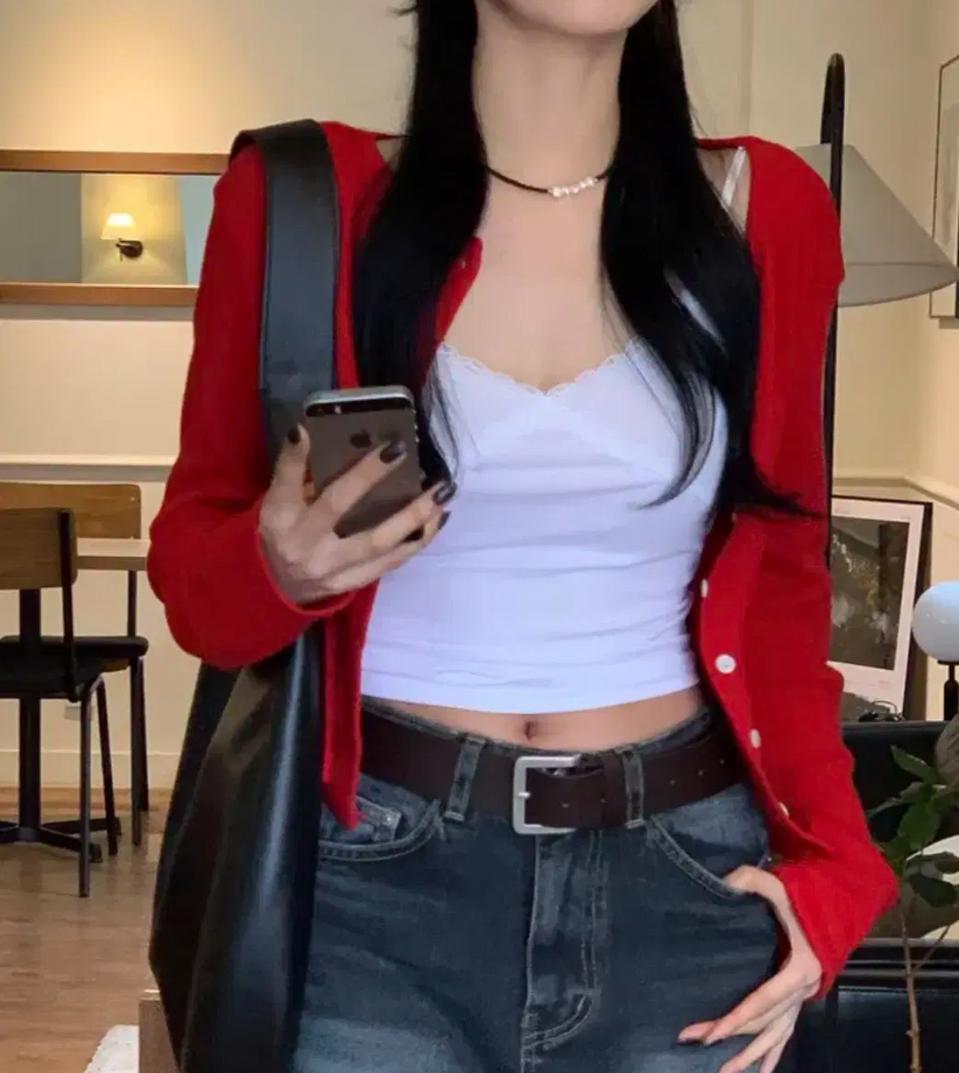 플라워 펀칭 가디건 여리여리 레드가디건