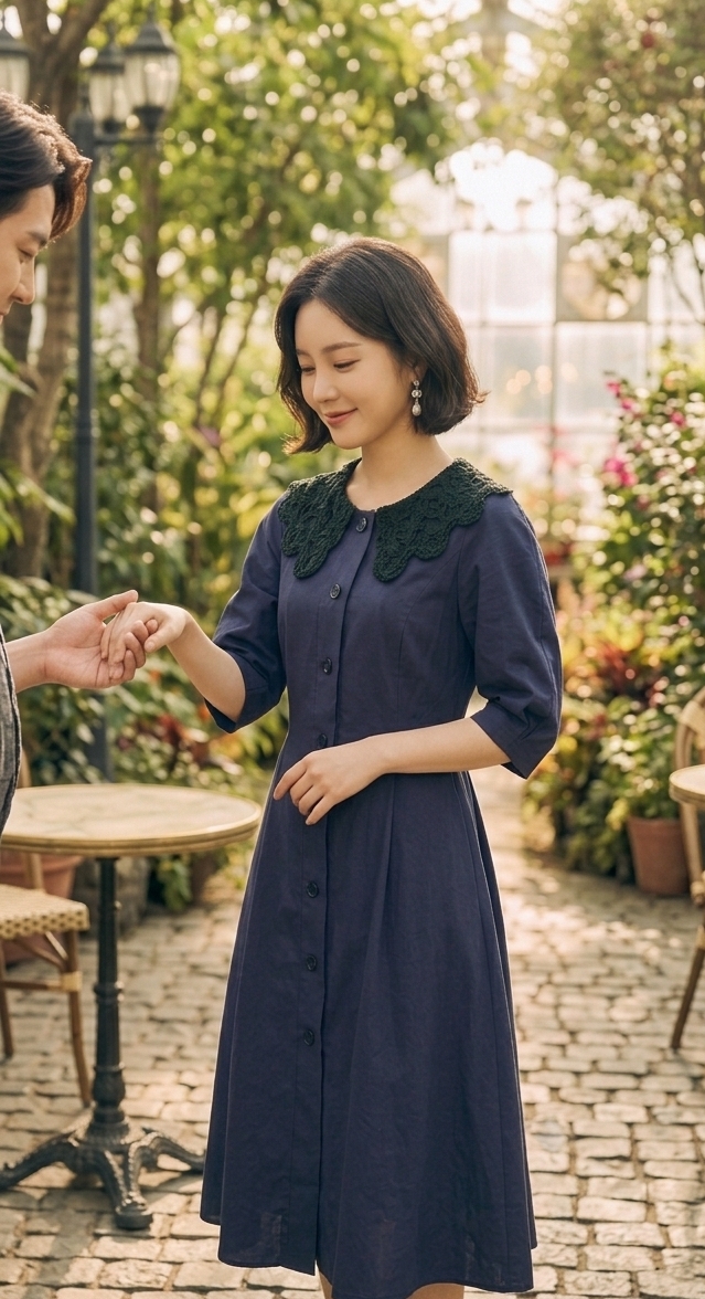 까사렐 벌룬  면바스락 원피스 . 크로셰 넥카라 탈부착가능