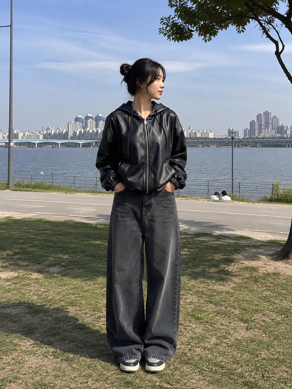 블랙 레더 후드집업 자켓
