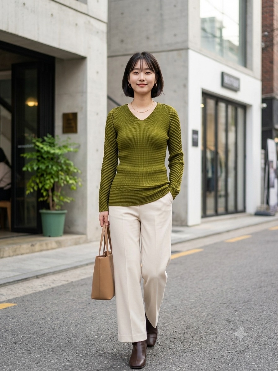 플리츠 플리즈 올리브색 플리츠 긴팔 티셔츠 55~66