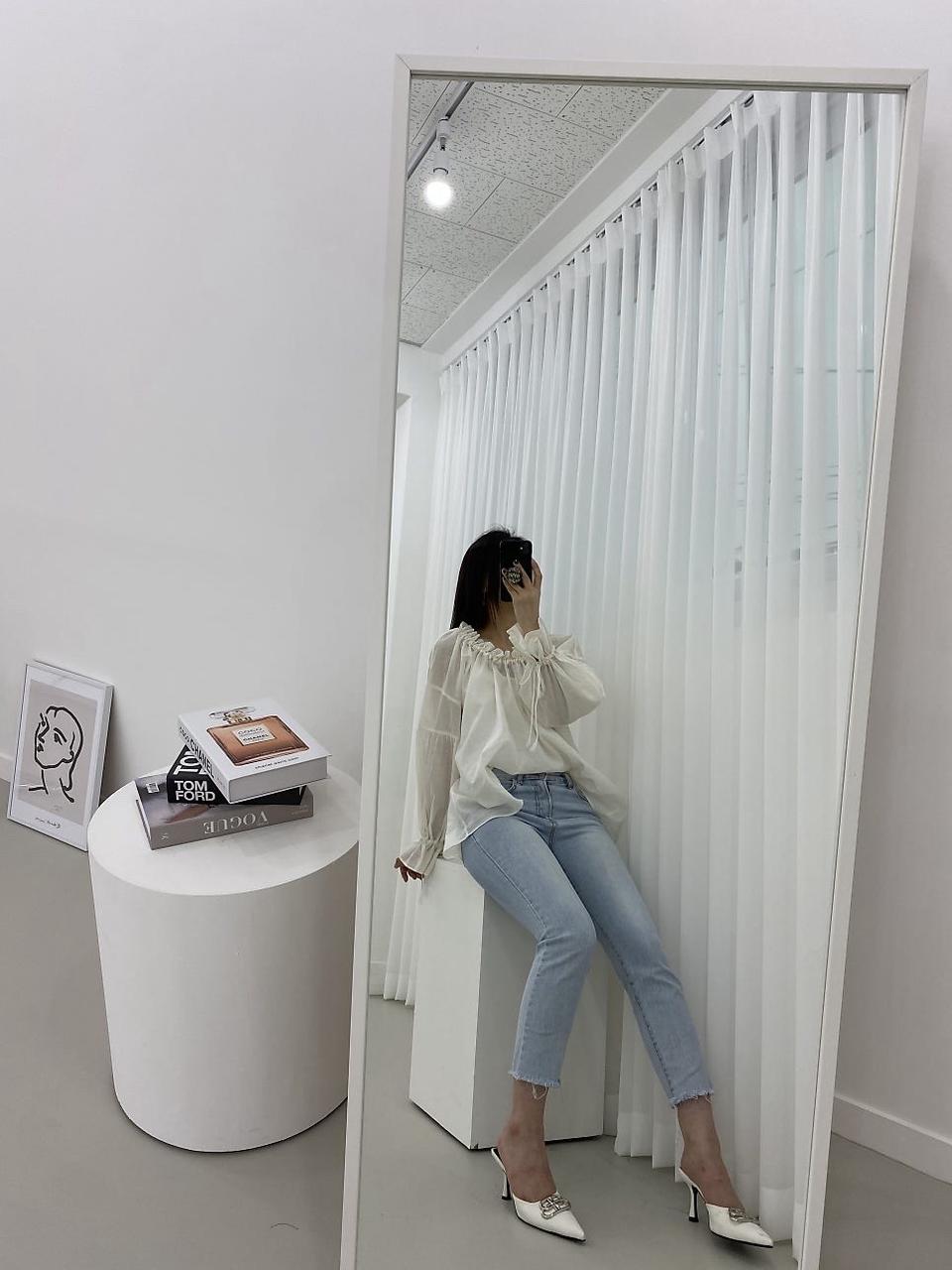 스트링 시스루 블라우스 셔링 주름 밴딩 리본 끈 bl