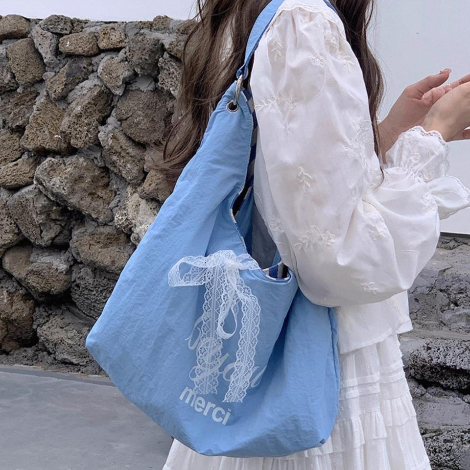 양면 숄더백 스트라이프 캔버스 리본 포인트 가방 데일리백<블루>