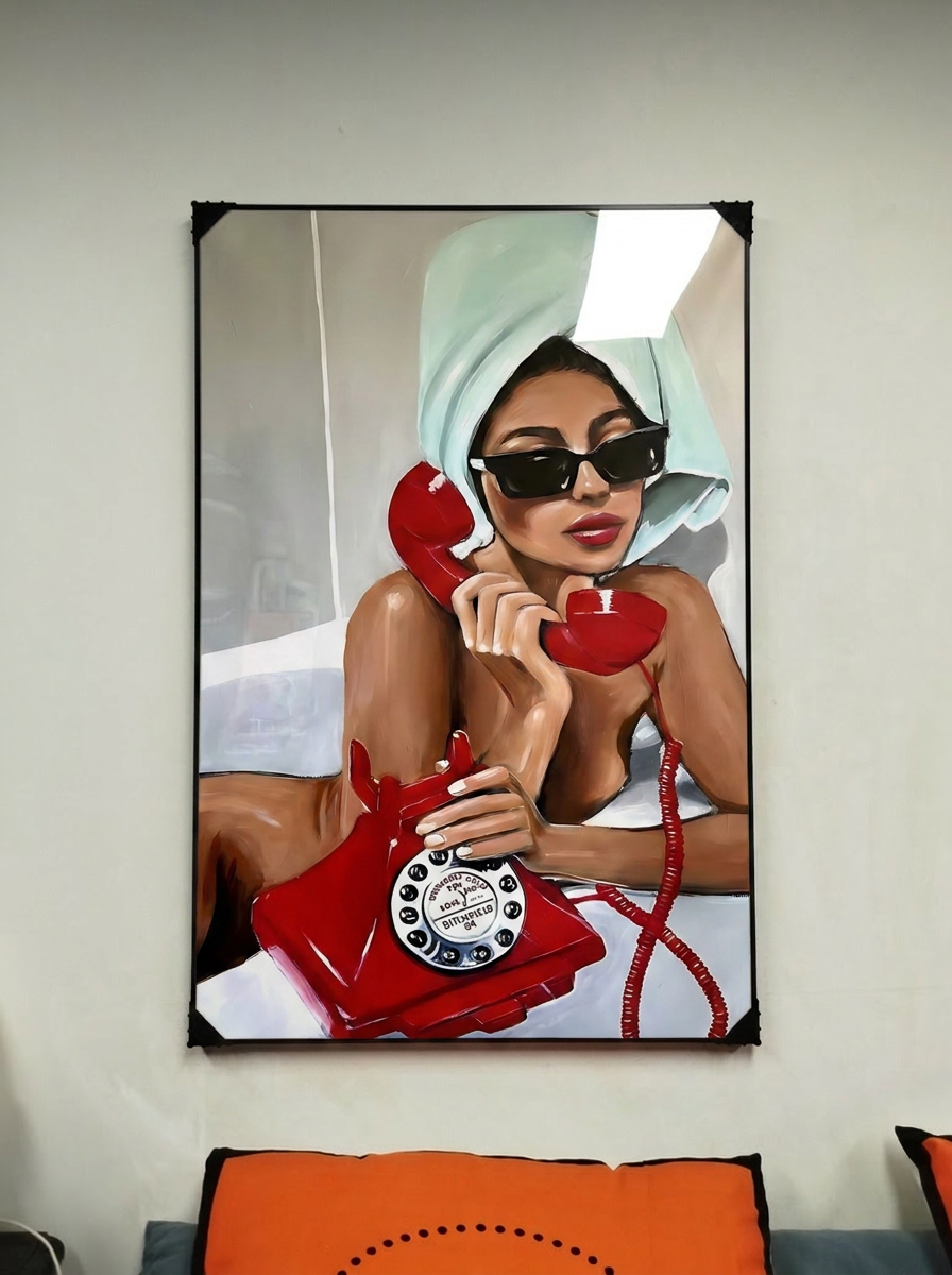 그림 액자 팝아트 인테리어소품: 헤드폰과 전화를 들고 있는 여성 그림