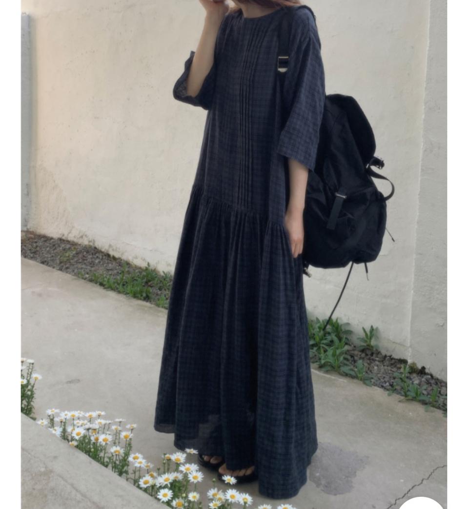 리코이  체크 셔링 롱원피스 네이비