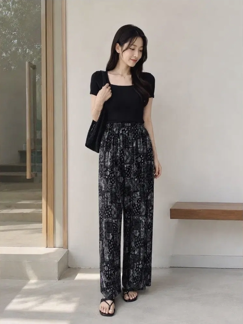 허리밴딩 나염 플리츠 썸머팬츠
