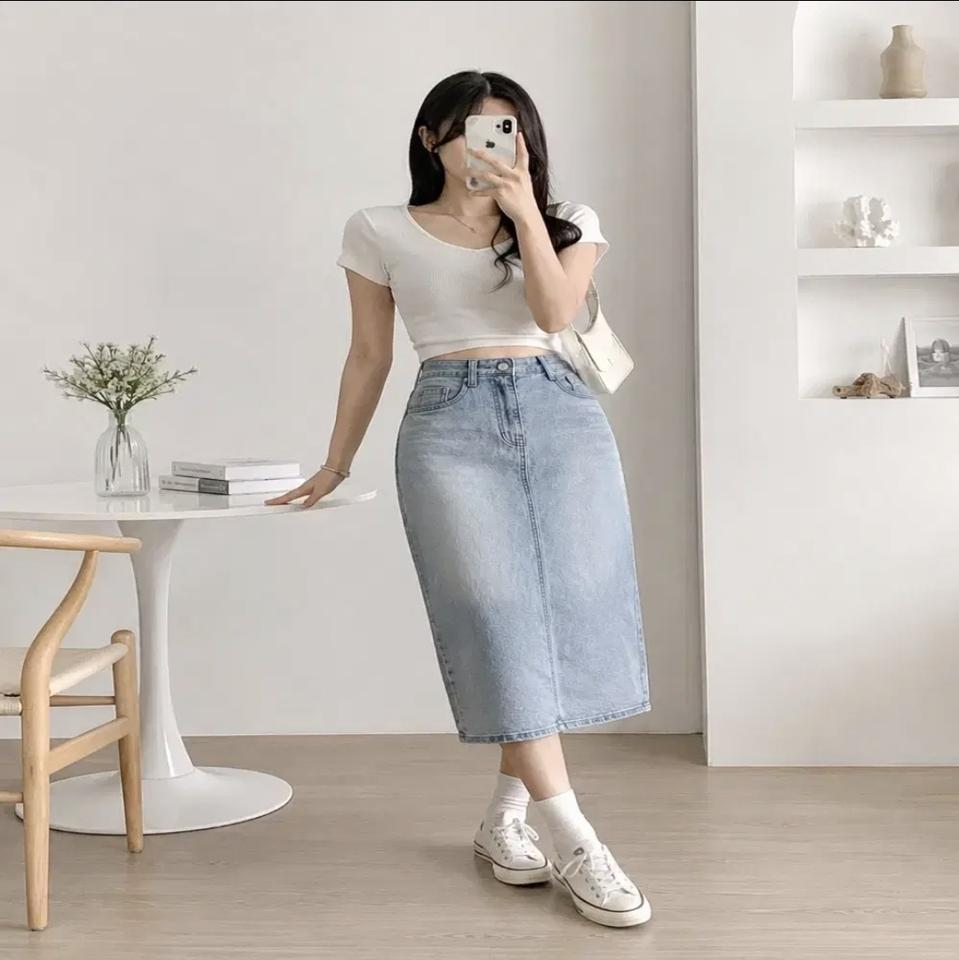 연청 속밴딩 뒷트임 미디 데님 스커트(L)