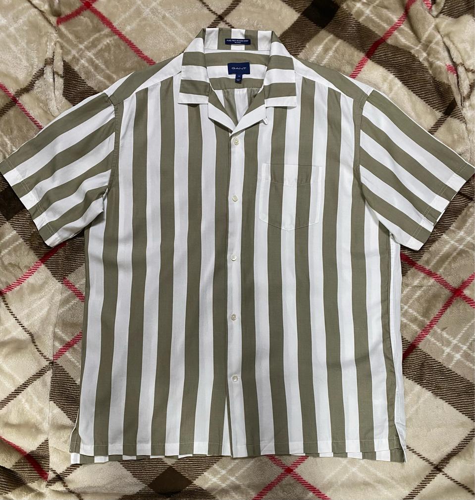 GANT 간트 오픈 카라 셔츠 카키 스트라이프 105-110