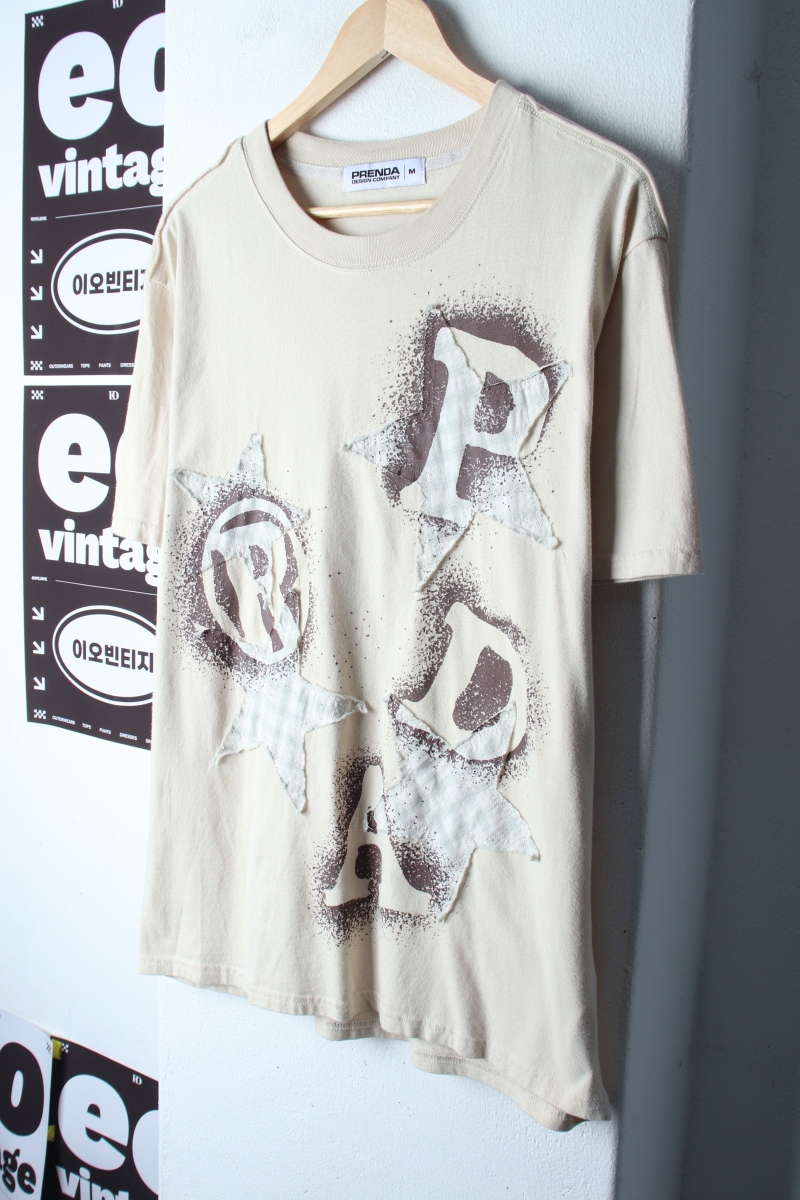 (M-XL) 프렌다 반팔 티셔츠 체크패치 베이지 키치-H34614